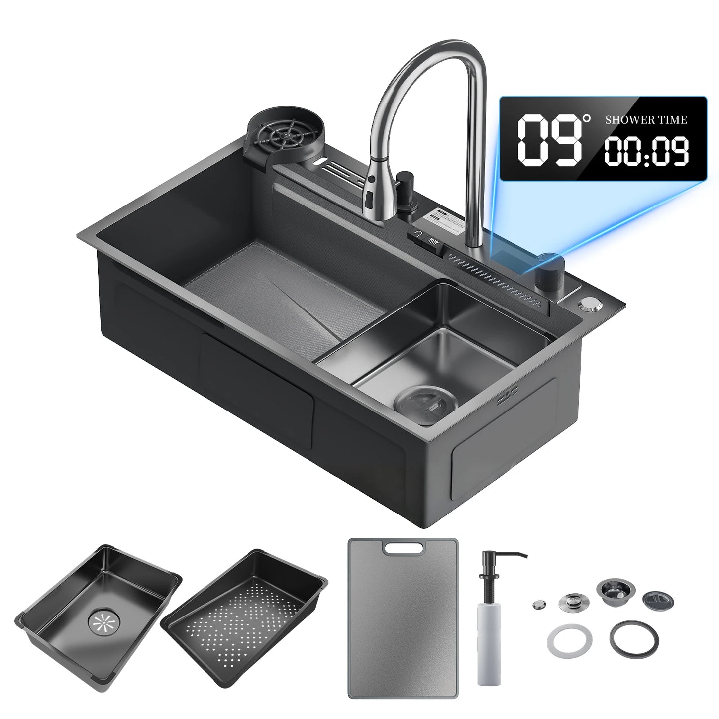 The Stainless Steel water Kitchen Kitchen wide Single Slot Integrated Digital Display falcet Set Soap Dispenser Cup Wash