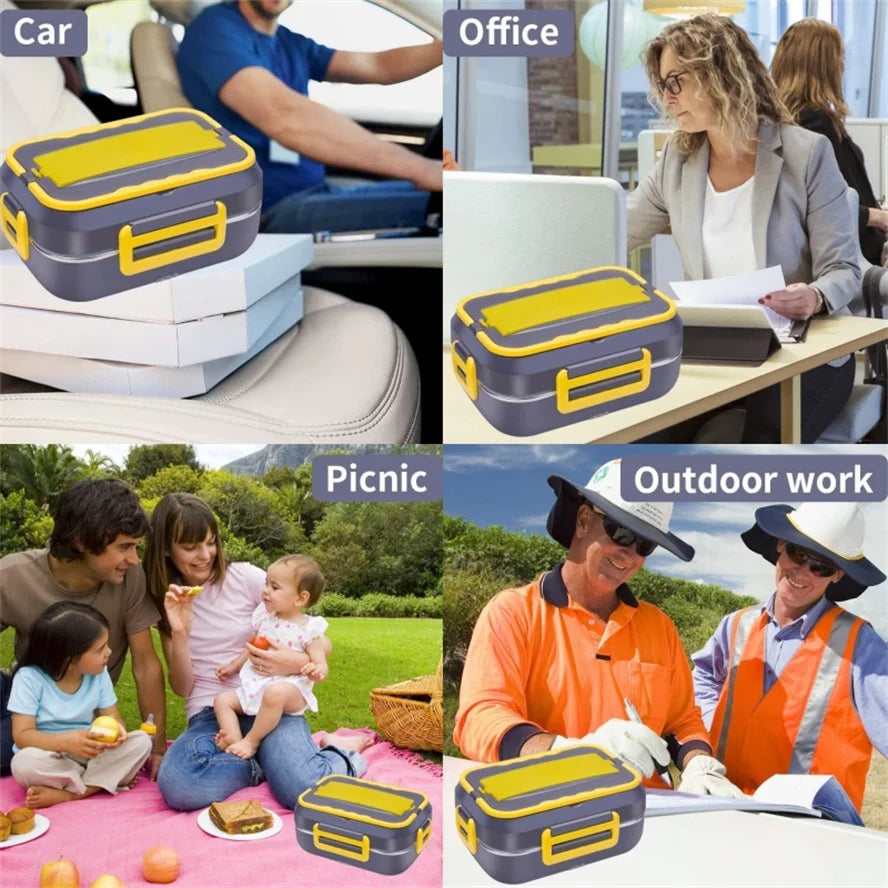 220V Electric Lunch Box Food Heater Car And Home Portable Heating Lunch Box, natural Steel Container pack And Poson