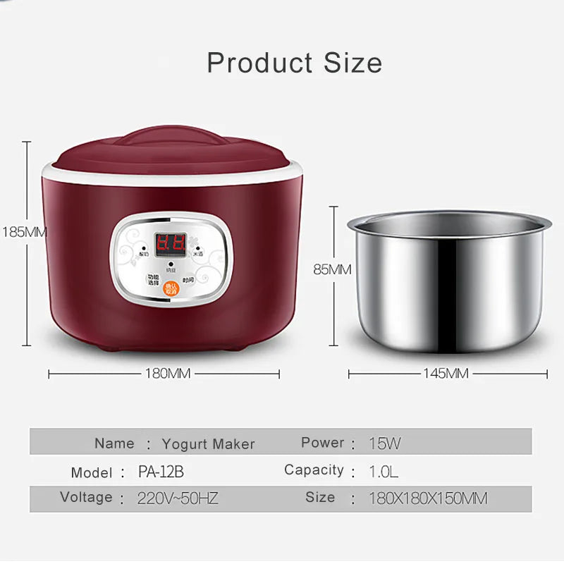 1.0L Yogurt Maker Mini Automatic Yogurt Machine Household DIY Yogurt Tools Kitchen Rice Wine Natto Machine Stainless Steel Liner