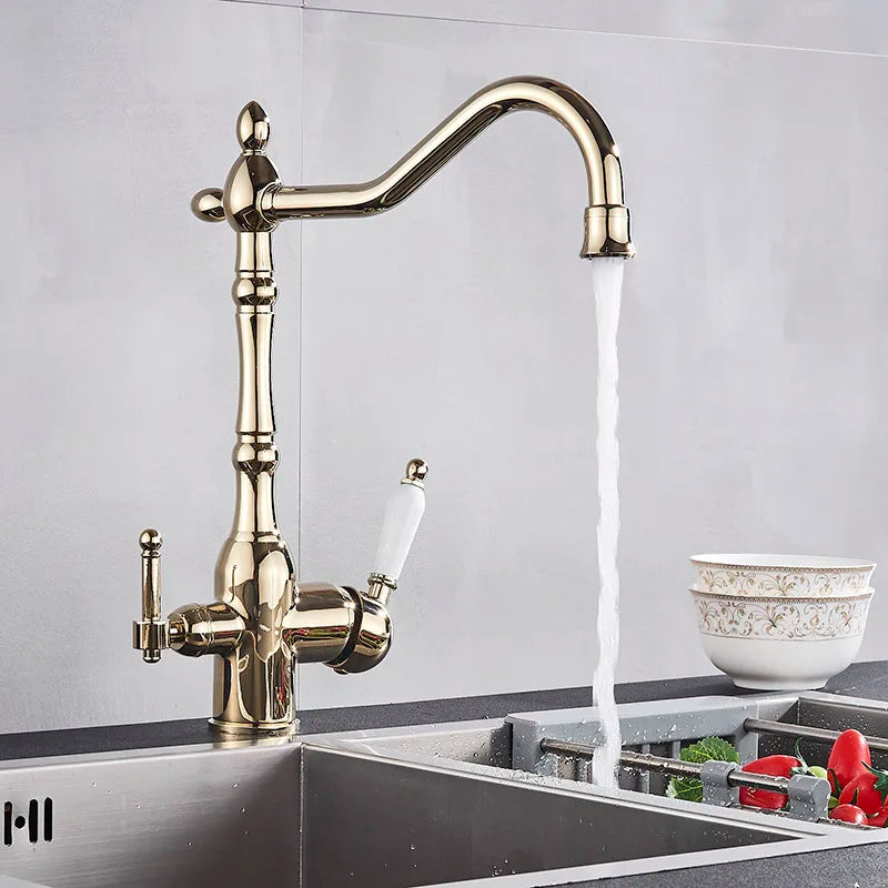 Matte Black Kitchen Sink Faucet Pure Water Filter Drink Mixer Tap Dual Handles Two Spout Bathroom Kitchen Tap Hot Cold Crane