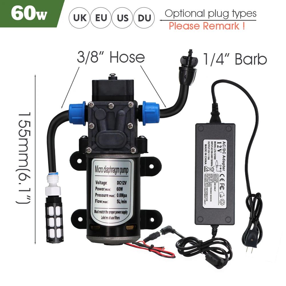 Black 8mm PE Hose 20cm Flexible Nozzle Misting Watering System 45/60/80/100W Self-priming Pump Adjustable Sprayer Kit for Garden