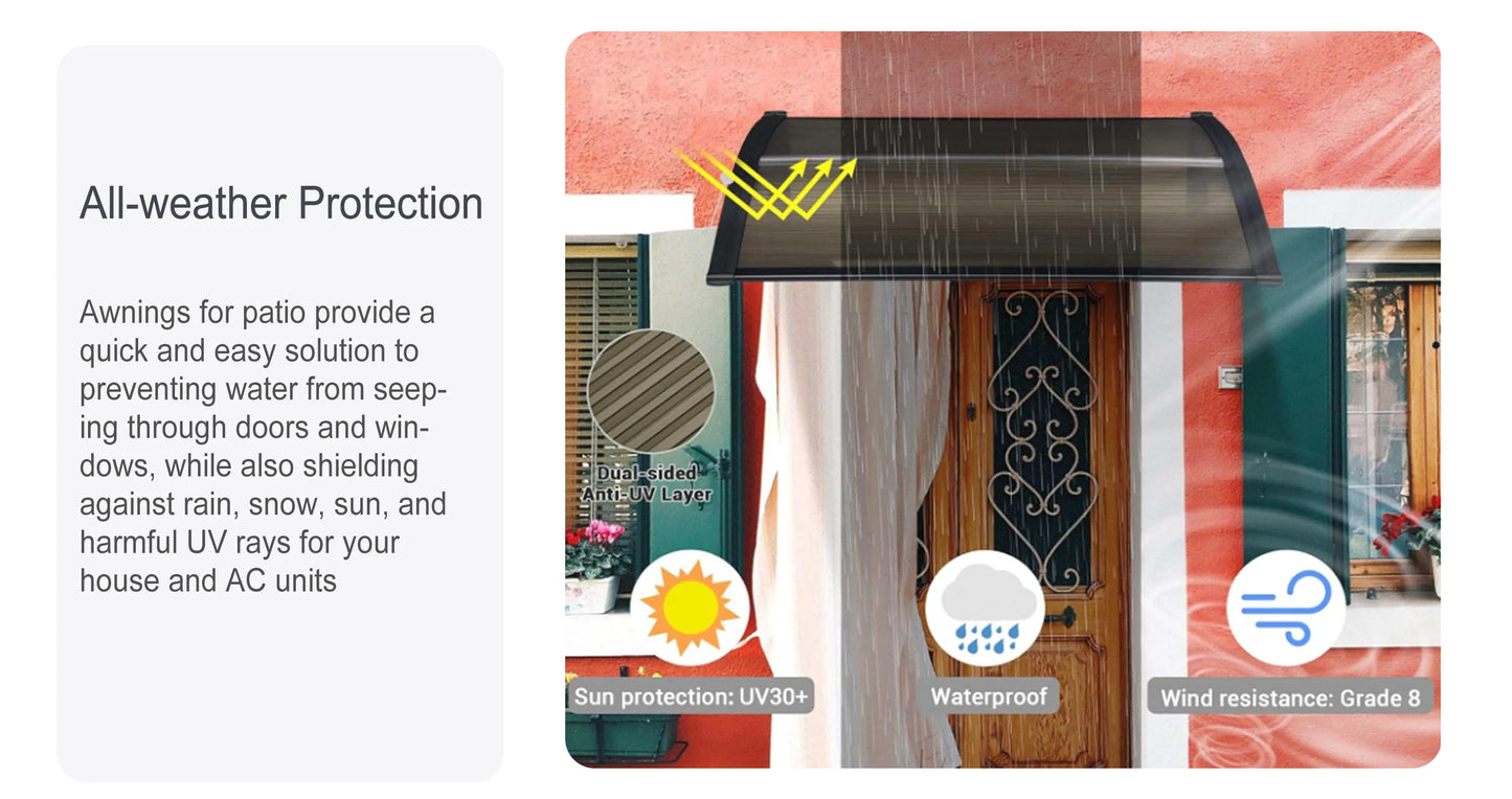 Brown Panels Awning for Door Window Canopy Use of PC Materials for Rain and Sun Protection and Snow Resistance 32/40/48/60/80 IN