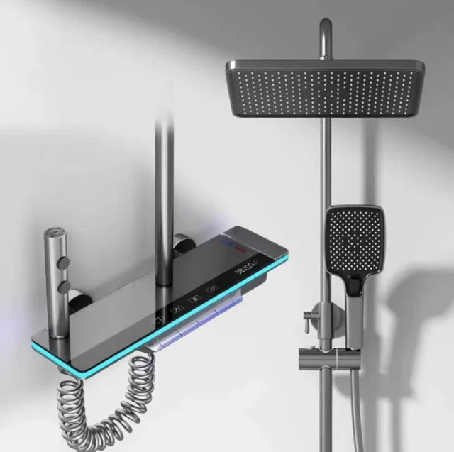 Bathroom Luxury Shower Faucet System with Lights Tempered Glass Shower Set Digital Display Copper Mixer Shower Faucet Set