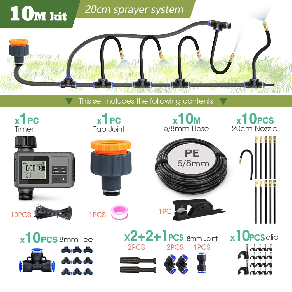 Garden Programmable Timer Misting Cooling System 360° Free-bend Misting Nozzle Adjustable Atomizer Sprayer Outdoor Watering Kits