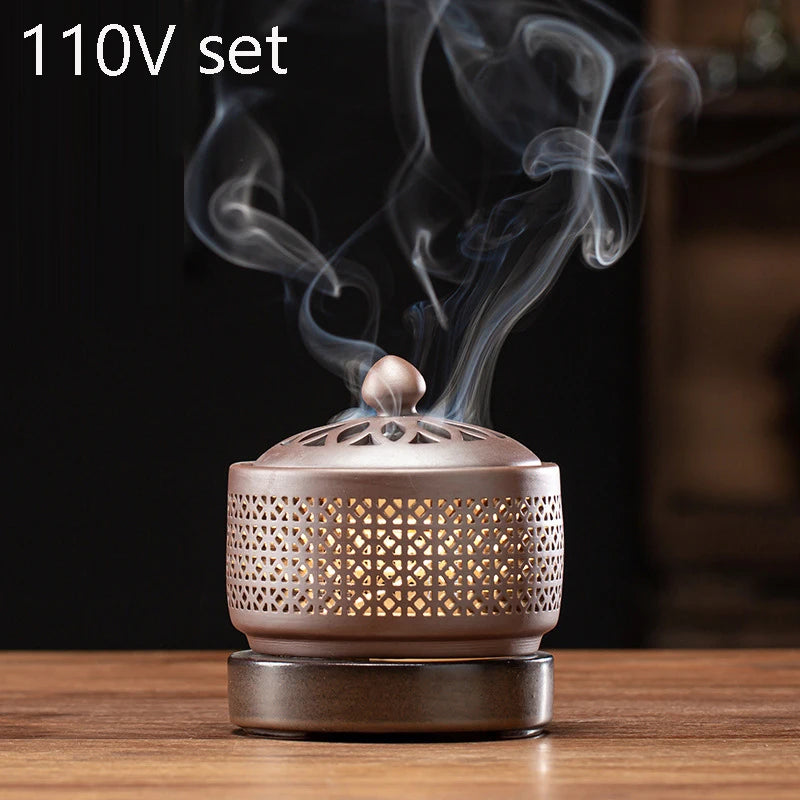 Sandalwood Timed Electronic Incense Burner Set 110V/220V OUD Essential Oil Night Light Household Tea Warmer Stove for Home Decor
