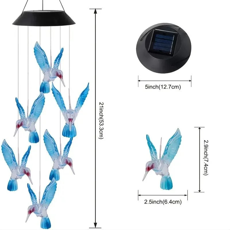 Blue Hummingbird Solar Wind Chimes Solar-powered hummingbird pendants with color-changing lights. Gentle chimes + beautiful glow at night. Perfect for courtyards, gardens, patios, or gifting. Waterproof & eco-friendly.
Wholesale available