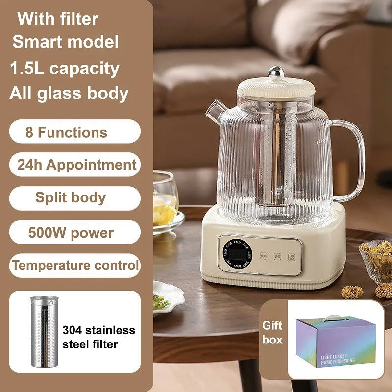 1.5L Health Kettle Temperature Adjust Glass Tea Maker MultiFunction Office Appointment Flower Teapot Portable Electric Hot Cup