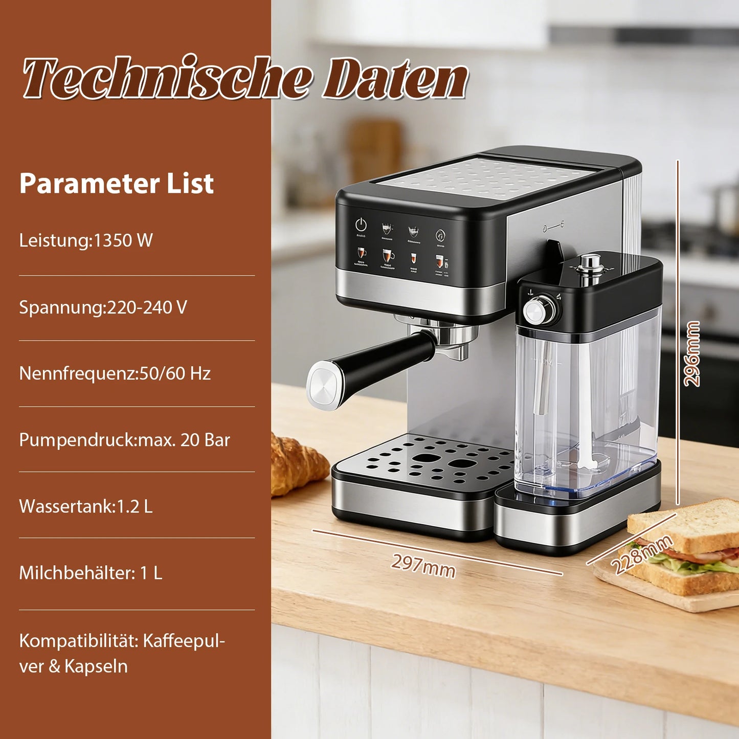 1350W Espresso coffee maker 20 Bar Semi-Automatic Screenbar Machine with Detachable Milk Tank & Water Tank Black