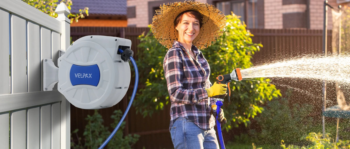 30M Wall-Mounted Garden Hose Reel with 8-Function Spray Gun
Features 180° swivel, 2 nozzle options, and automatic rewind for easy storage and convenient watering.