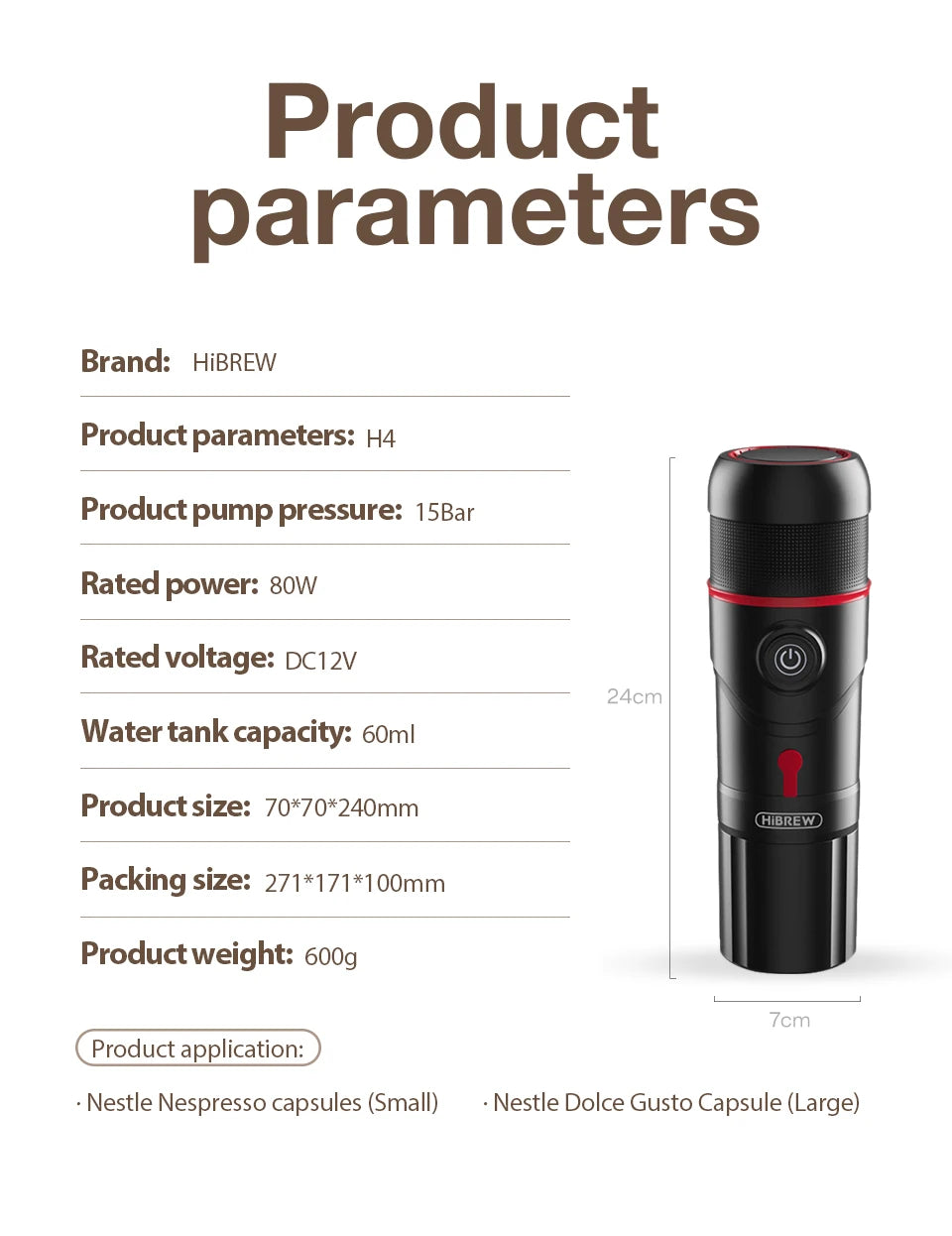 HiBREW Portable Coffee Machine for Car & Home Expresso Coffee Maker Nexpresso Dolce Pod Capsule Coffee Powder H4 Basic Version