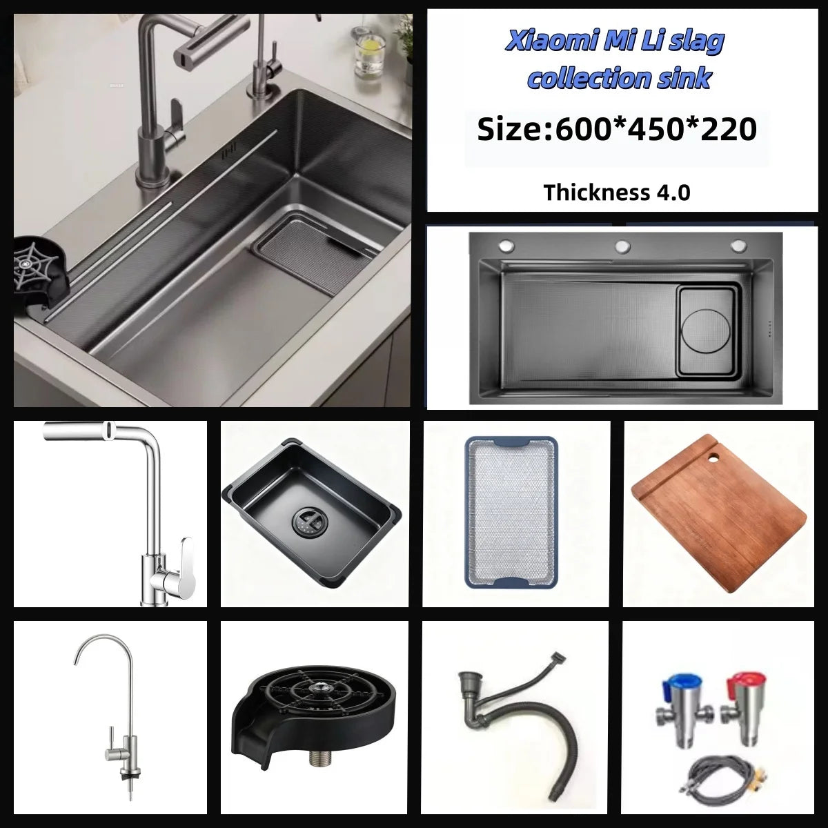 Large Single-basin Sink Drain Multifunctional Smart Kitchen Sink Nano-embossed Slag Collection Sink