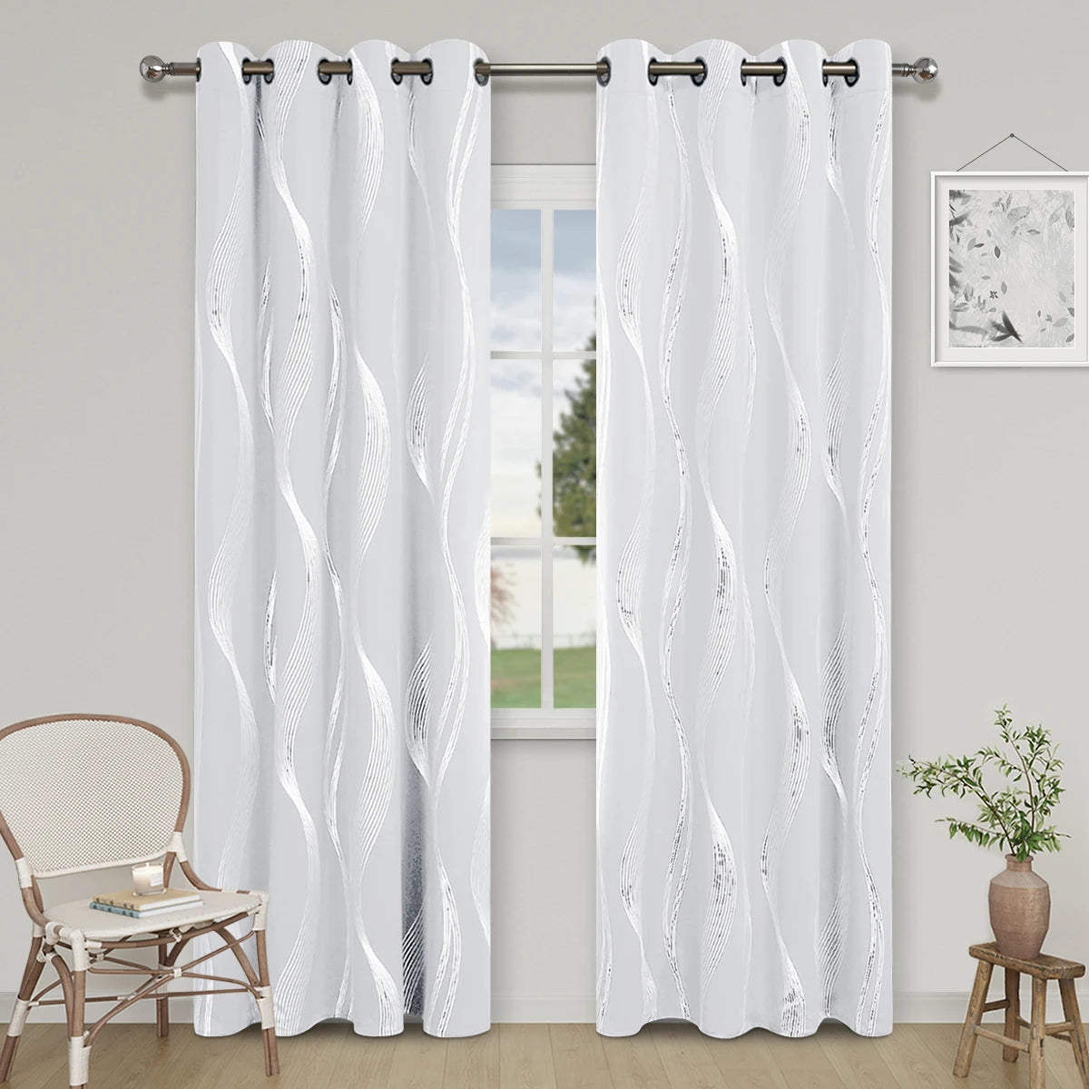 1pc High Precision Silver Embossed Wave Pattern Blackout Curtain, window Curtains for living room bedroom kitchen home decor