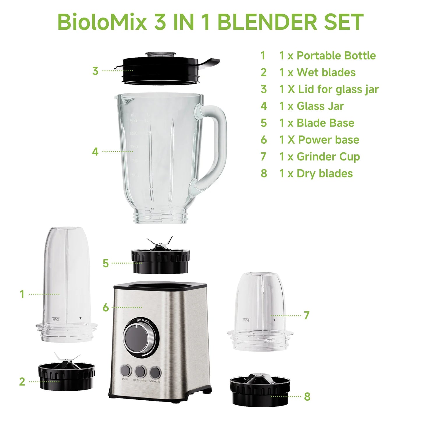 BioloMix 3-in-1 Smoothie Blender with Stainless Steel Blades 1300W Personal Blender and Grinder Combo for Baby Food Juice