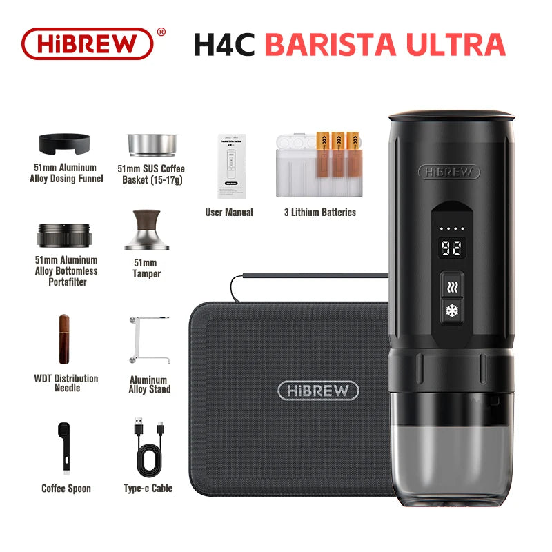 HiBREW H4C Portable Espresso Coffee Machine Wireless Heating Removable Battery Barista Ground Coffee Bottomless Extraction