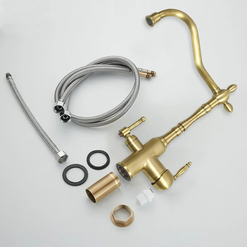 Brass antique light luxury three-in-one pure water faucet household sink wash basin hot and cold water faucet splash-proof E1489