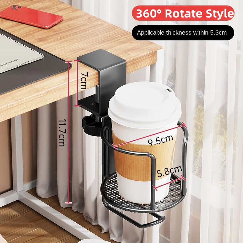 2 in 1 No Drill Desk Cup Holder Adjustable Upgraded Arm Clamp Stand 360 Degree Rotating Table Edge Clamp Anti-Fall Cup Holder