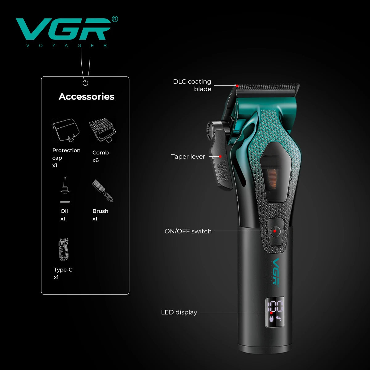 VGR high-end customized electric hair clipper gradient metal shell electric push shear intelligent control hair trimmer V-271