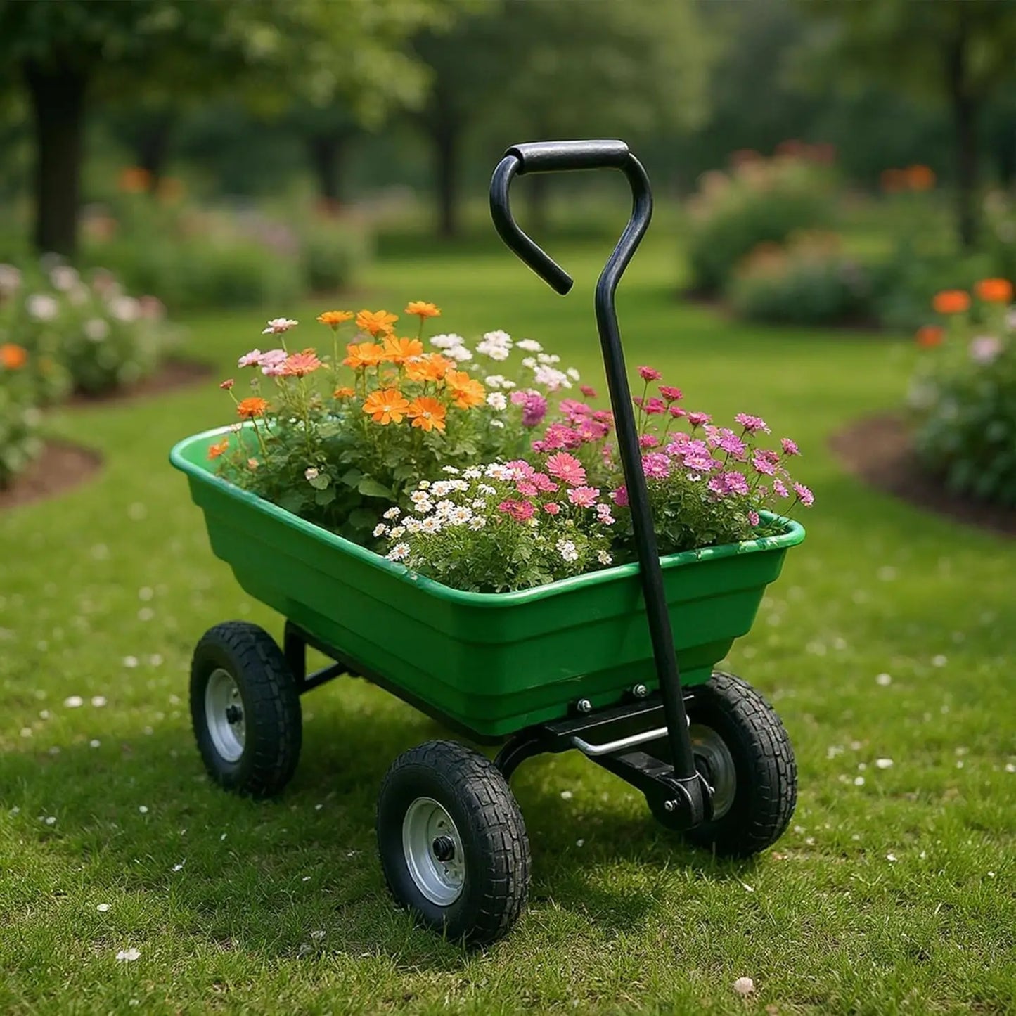 Dual-Wheel Heavy-Duty Dump Cart
1200 lb capacity poly yard wagon towable utility cart with built-in stand. Perfect for landscaping, gardening, hauling mulch, soil, firewood, or tools. Durable, easy-dump design.