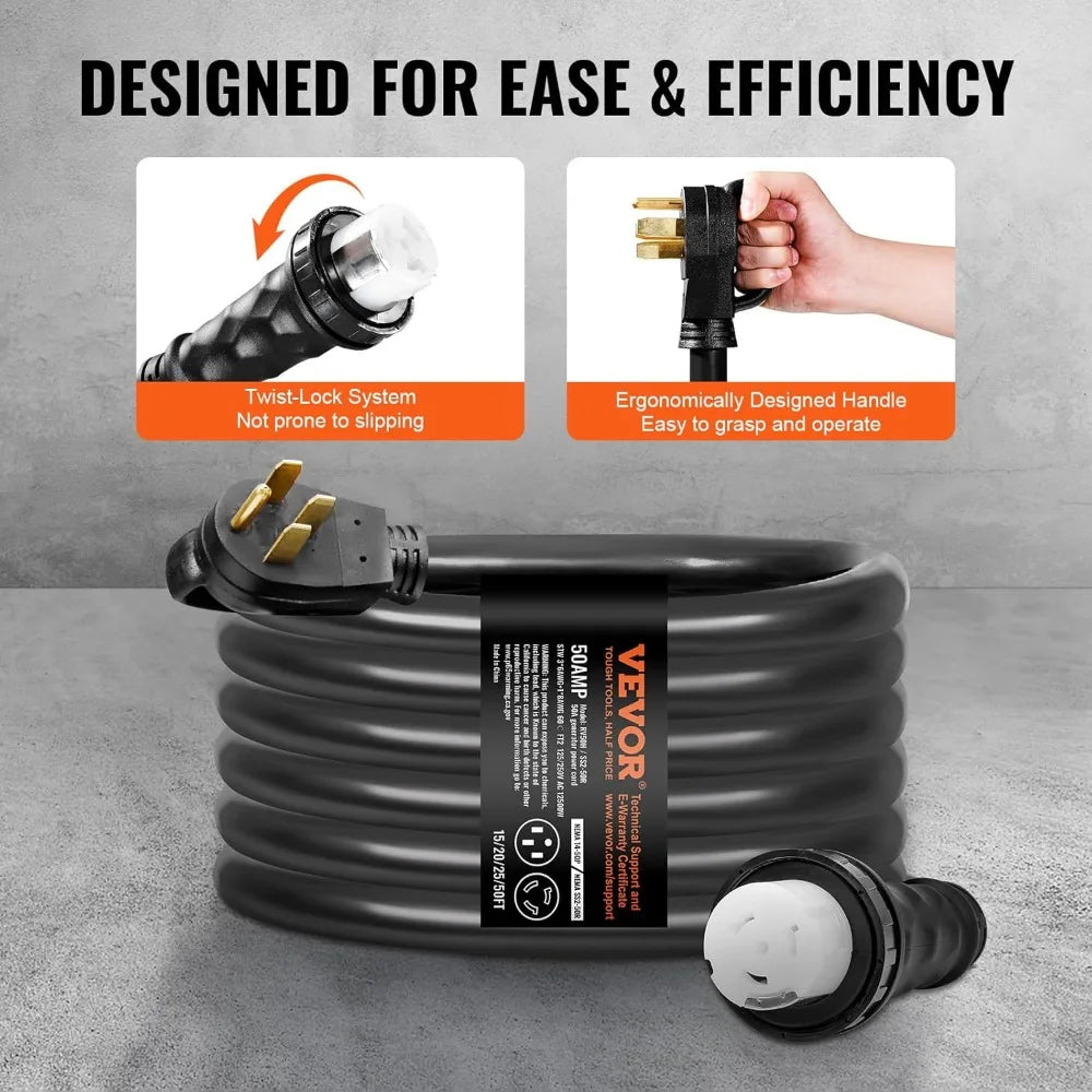 25-Foot VEVOR 50 Amp Generator Cord and Power Inlet Box Kit with NEMA 14-50P/SS2-50R STW 6/3+8/1 AWG Extension Cord
