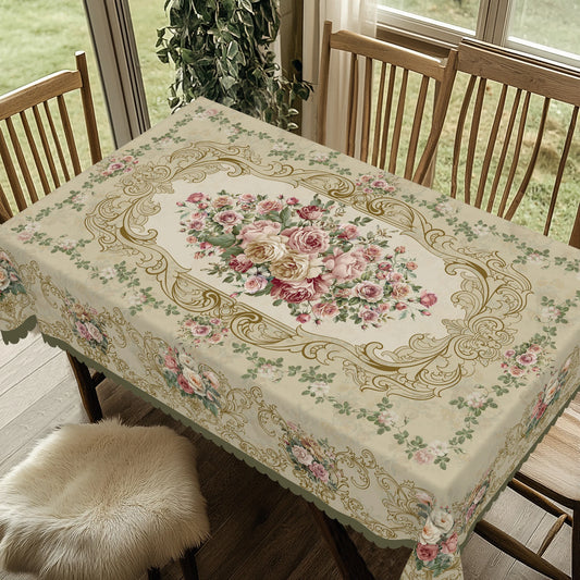 1 Piece of Spring Rose Floral Round and Rectangular Tablecloth, Various Sizes, Retro Pink Rose Pattern Printed Decorative Tablecloth, Retro Luxury Texture, Tablecloth for Home Kitchen, Outdoor Garden, Spring and Summer Home D