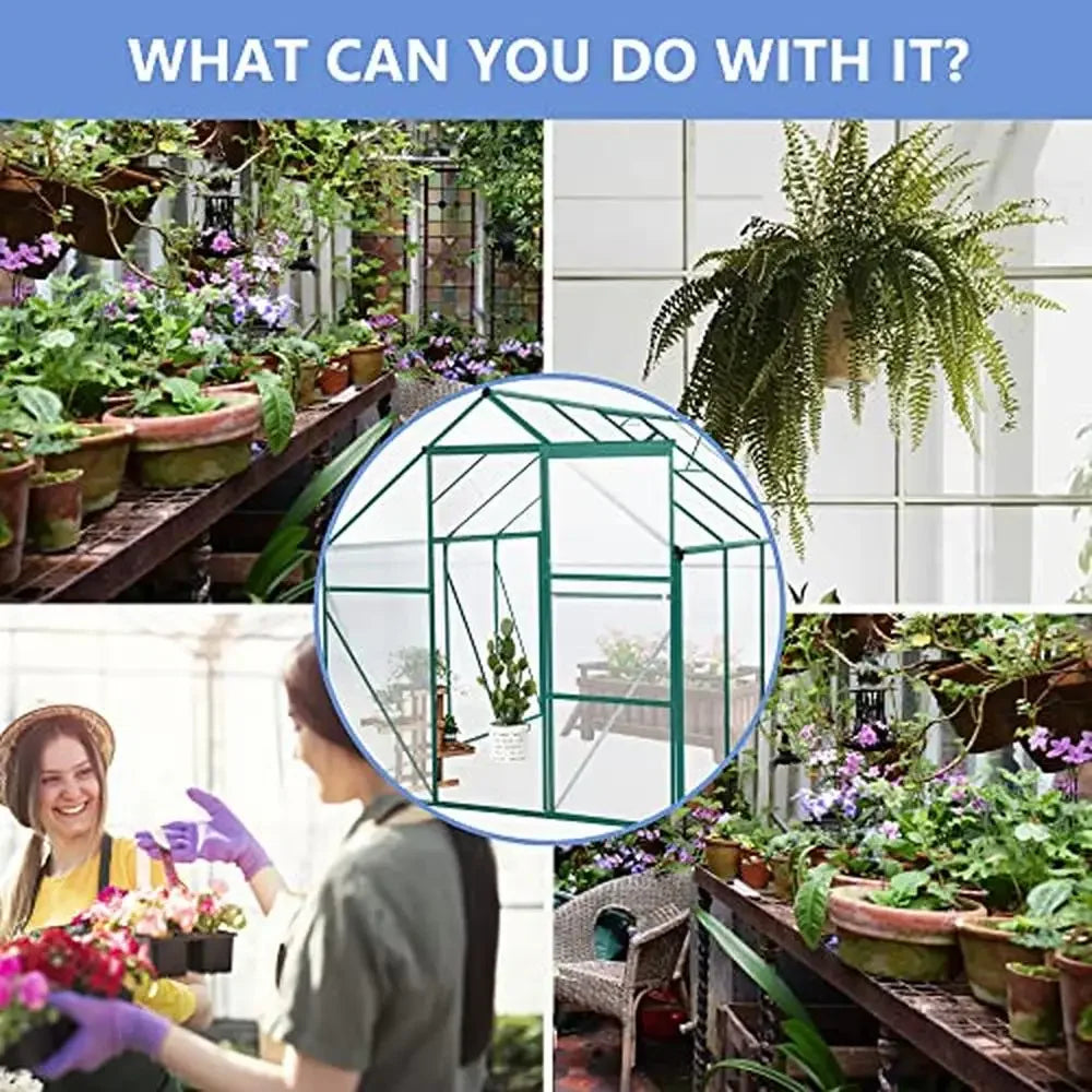 Heavy Duty Polycarbonate Greenhouse 6x8 FT Walk-in Hobby Storage Shed Sliding Doors Adjustable Roof Vent Snow Load 20 lbs