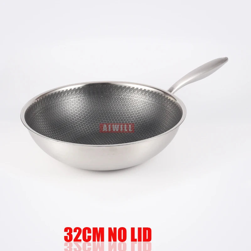 AIWILL 32cm/34cm Nonstick Wok 304 Full Stainless Steel Wok No Fume Coating-Free Gift Cookware