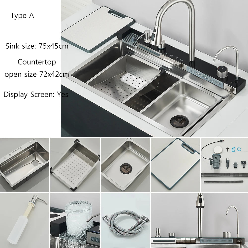 304Stainless Steel Large Single Bowl Waterfall Kitchen Sink with Integrated Digital Display Faucet Soap Dispenser and Cup Washer