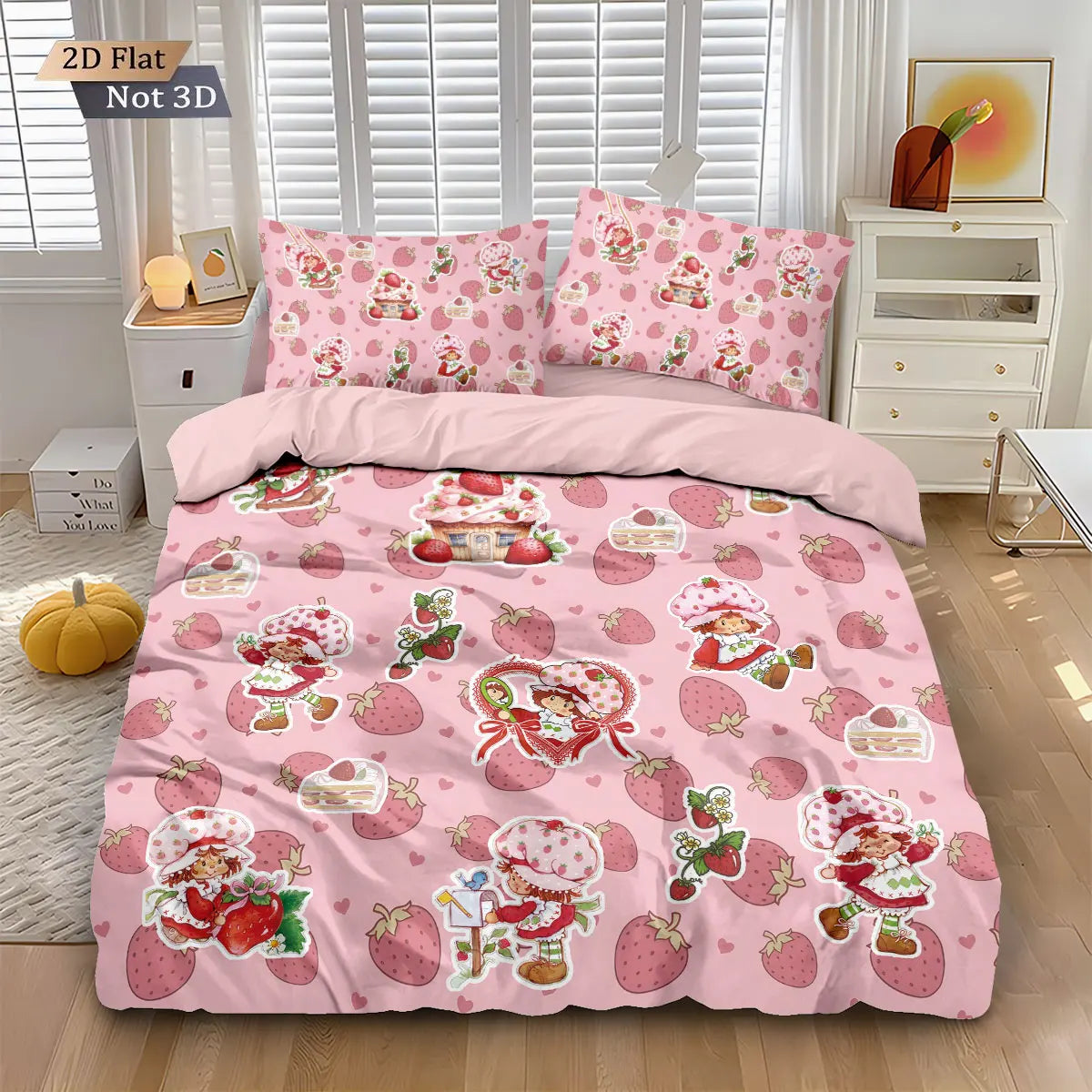 3pcs Pink Strawberry Girl Printed Down Duvet Cover Set, Multi Size Bedroom Bedding Decoration, Machine Washable