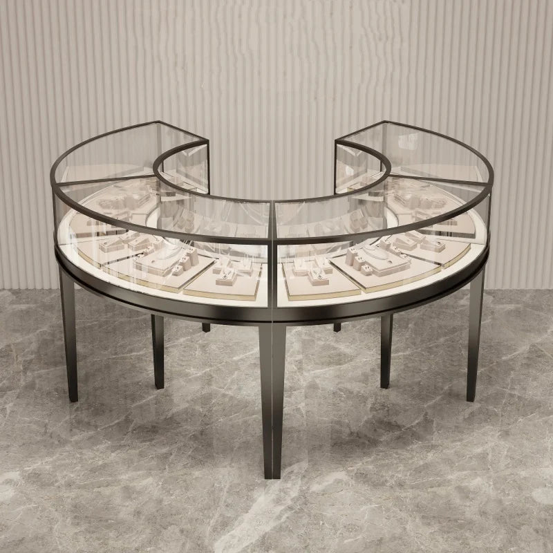 custom,Curved Jewelry Shop Fixture Glass Display Counter Lockable Jewelry Glass Vitrine Showcase Display Cabinet