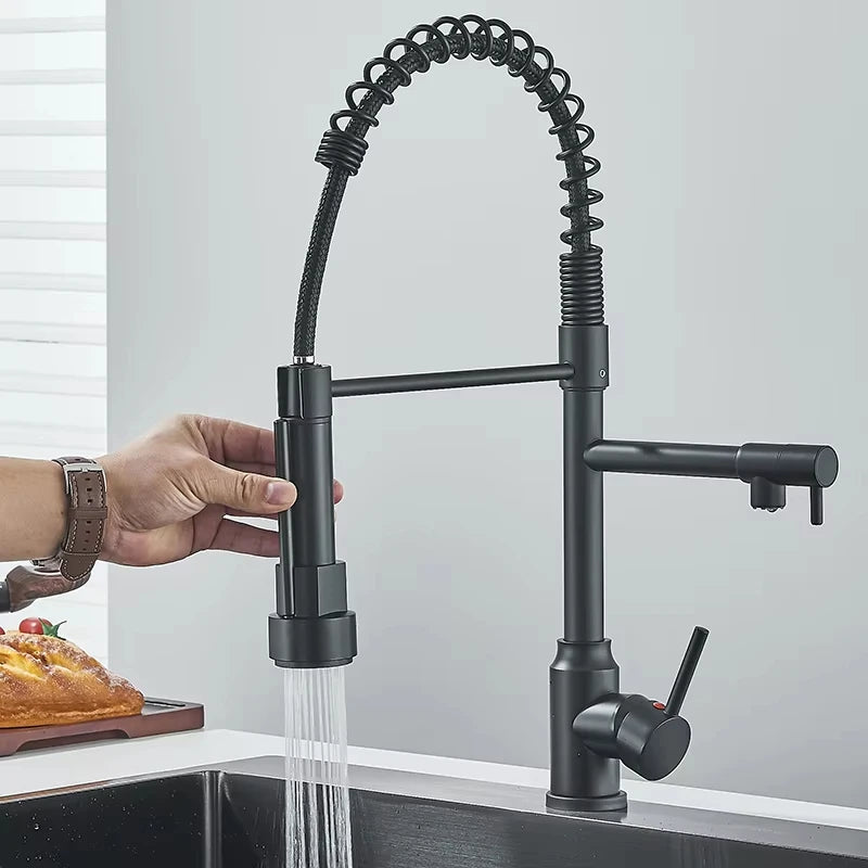 Grifo de cocina extraíble de resorte plateado/negro, mezclador monomando de agua fría y caliente, grifo de doble caño
