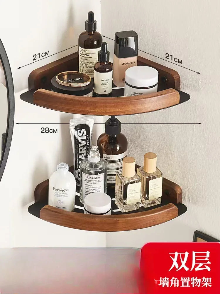 Walnut Wood Black Bathroom Hardware Set Bathroom Towel Rack Non Perforated Wall Mounted Storage Rack Bathroom Accessories