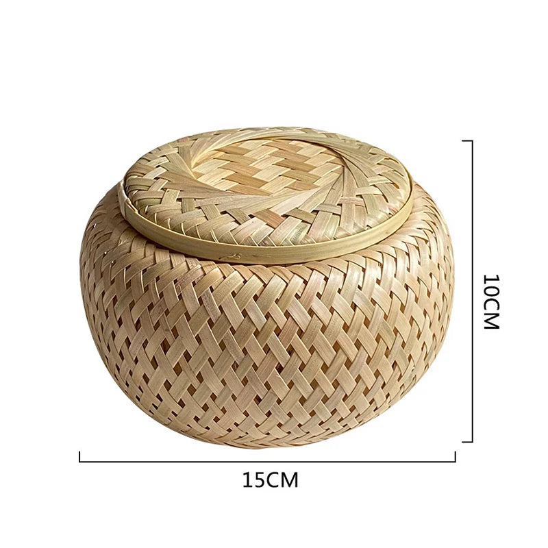 Bamboo Storage Basket With Lid Double Layer Handmade Woven Tea Basket Tabletop Storage Box for Tea Fruit Dried Fruit Snack Food