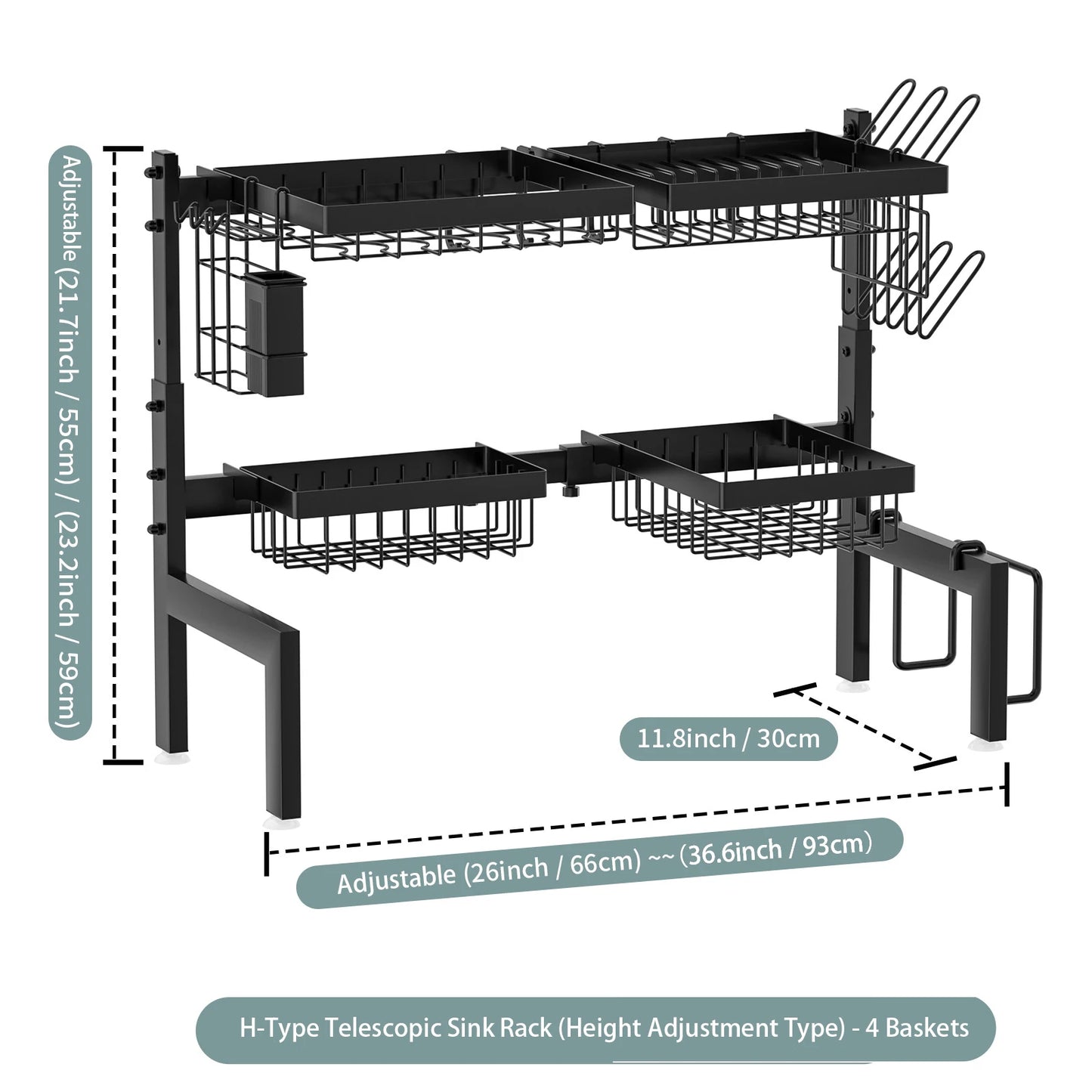 Over-the-Sink Dish Drying Rack – Expandable 2-Tier Stainless steel design with utensil holder. Space-saving, durable, and perfect for organized kitchen drying.