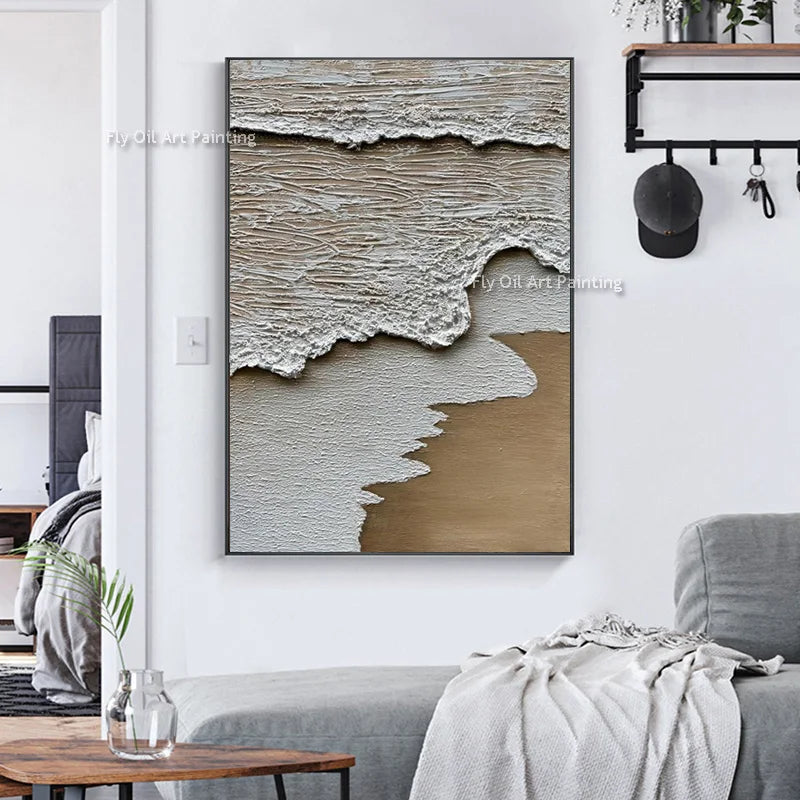 Simple Design Hand Drawn Brown And White Abstract Seawaves Thick Oil Painting On Canvas Green Beige Waves Wall Art For Decor