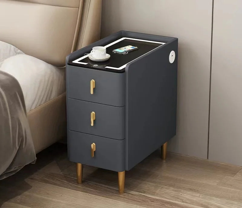 Smart Bedside Table, Solid Wood with Faux Leather Features 3 drawers, wireless charging, and side storage. Stylish and functional nightstand for modern bedrooms.