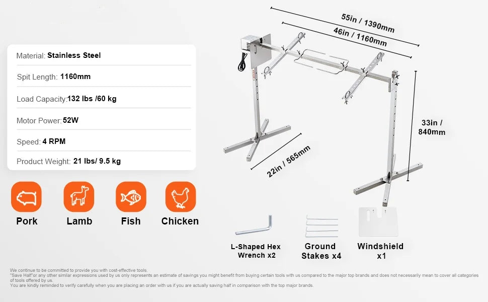 SucceBuy 46 Inch Electric BBQ Rotisserie Grill Kit Automatic 52W Motor Height Adjustable Universal Roaster Stand