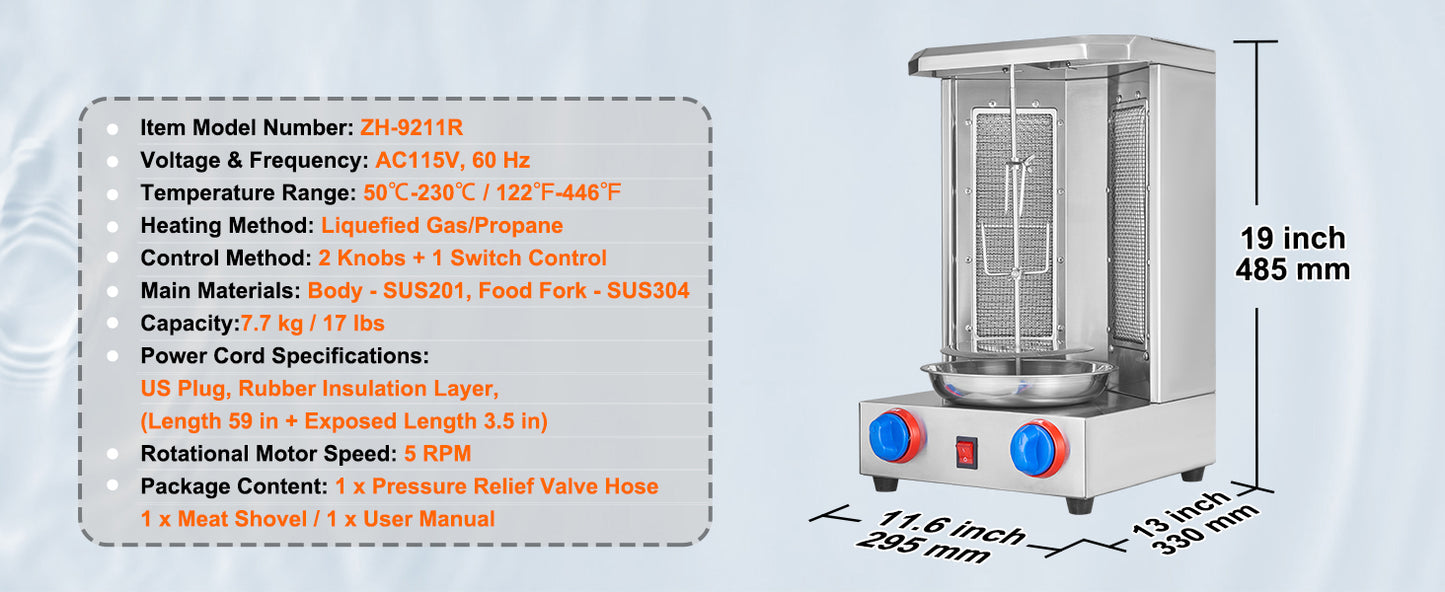 SucceBuy Shawarma Grill Machine13 lbs Chicken Shawarma Cooker Gas Vertical Broiler Gyro Rotisserie Oven Doner Kebab for Home