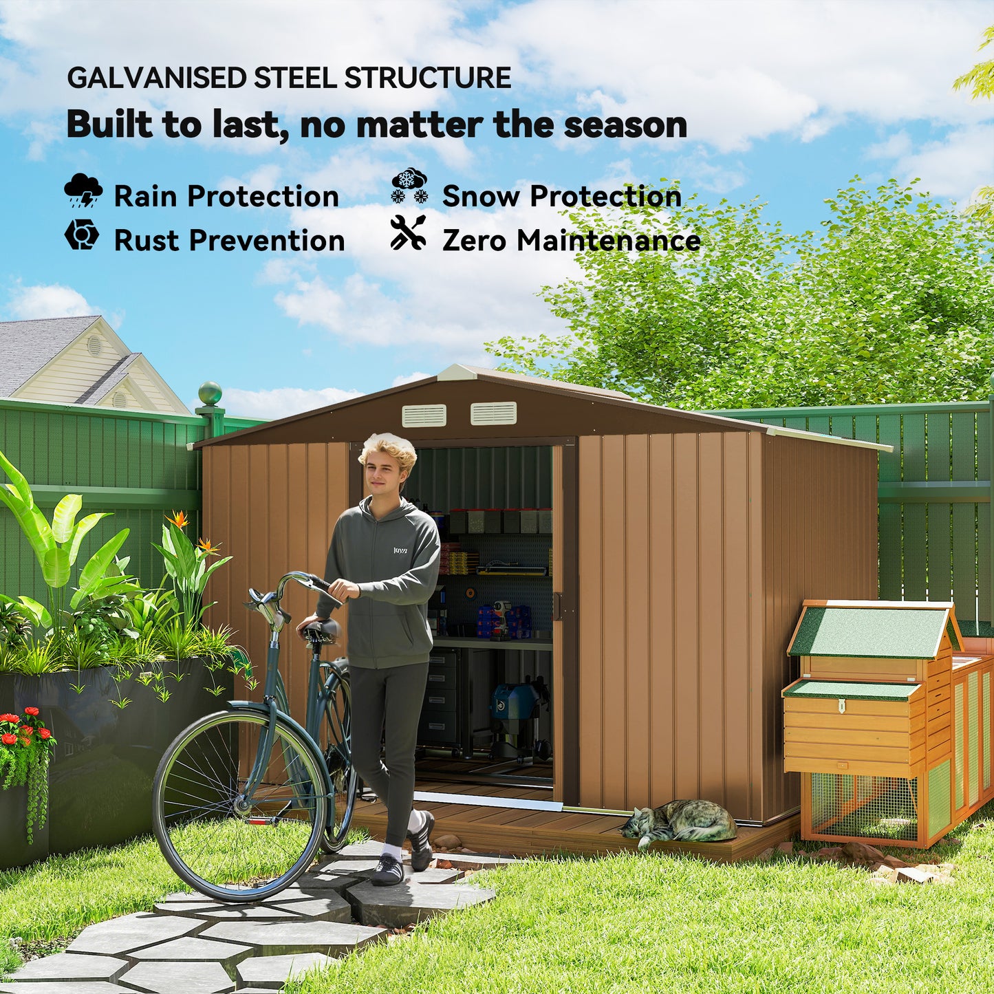 9 X 6ft Garden Shed Storage with Sliding Doors, Metal Tool House, Light Brown