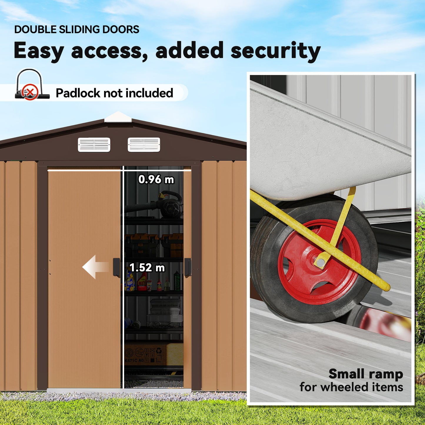 9 X 6ft Garden Shed Storage with Sliding Doors, Metal Tool House, Light Brown