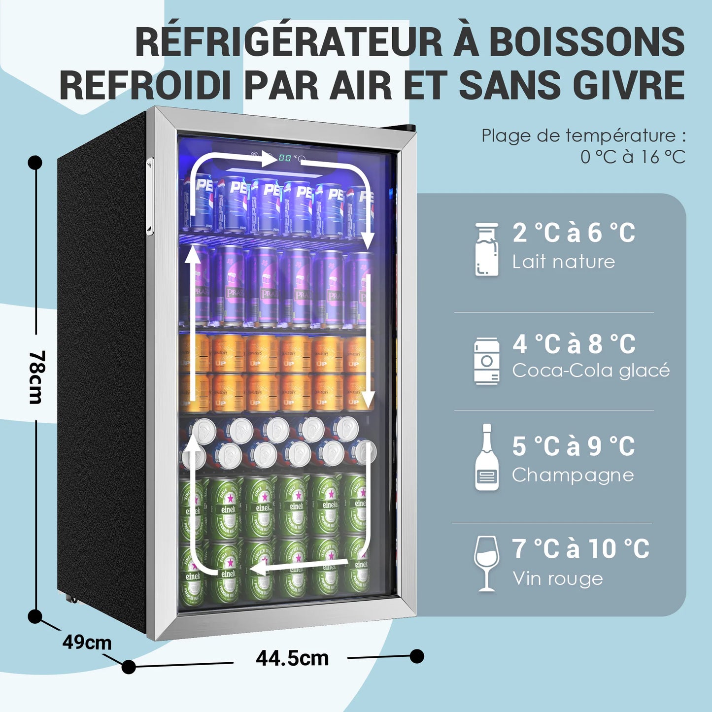 Drinks refrigerator with glass door for 126 cans, adjustable shelves for beer/wine, home/bar/office, silver stainless steel