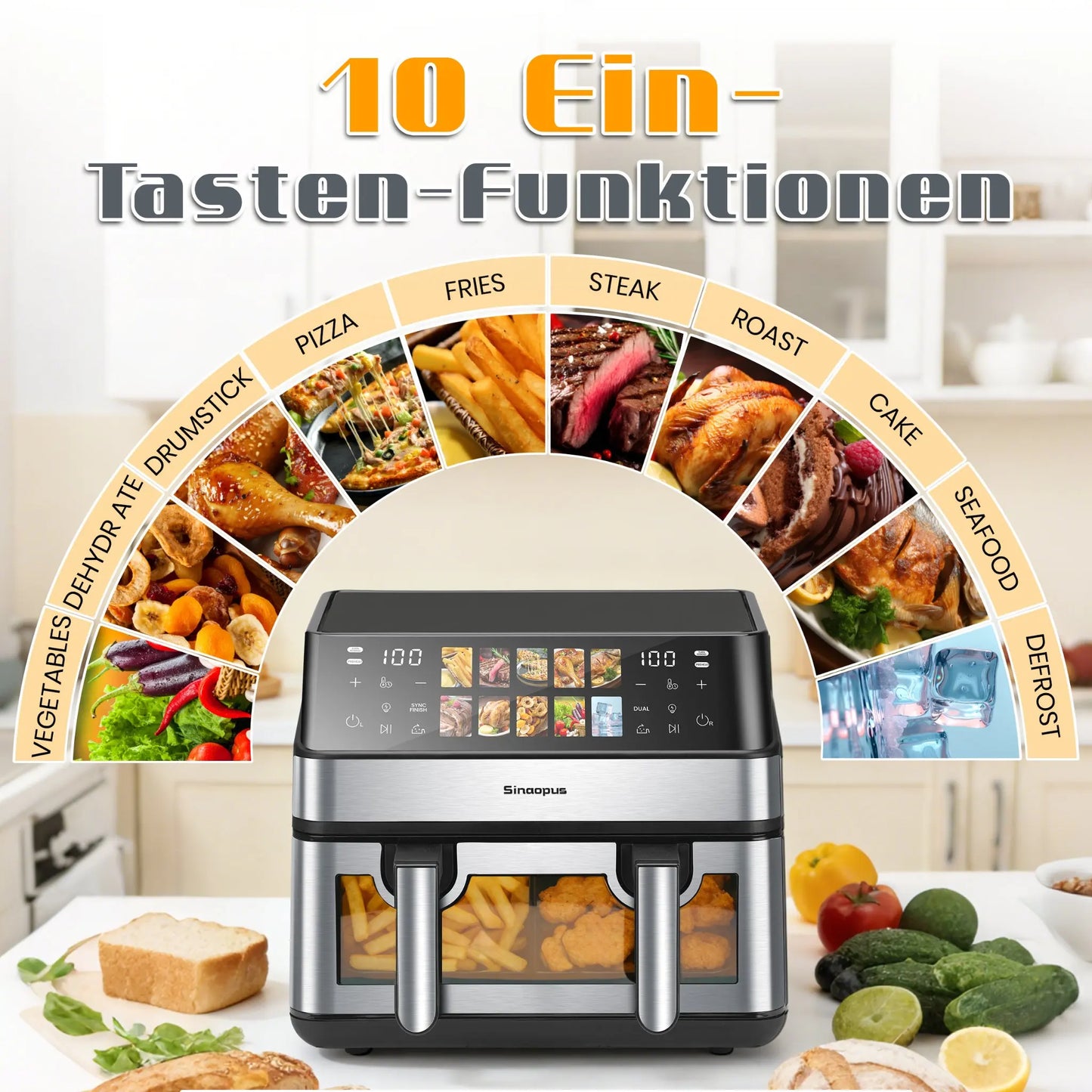 Air Fryer 8.5L 2000W LED Touch Viewing Window Oven Function 10 Programs Oil-Free Family Hot Air Fryer
