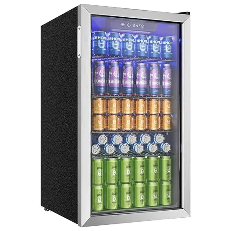 Drinks refrigerator with glass door for 126 cans, adjustable shelves for beer/wine, home/bar/office, silver stainless steel