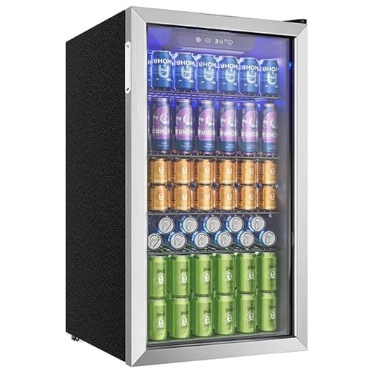 Drinks refrigerator with glass door for 126 cans, adjustable shelves for beer/wine, home/bar/office, silver stainless steel