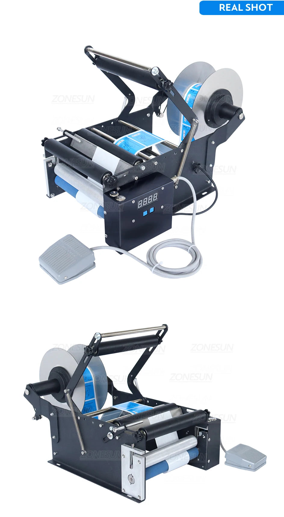 ZONESUN Round Bottle Labeling Machine With Smart Electric Pedal Glass Plastic Bottle Jar Vial Sticker Packaging Labeler ZS-TB16P
