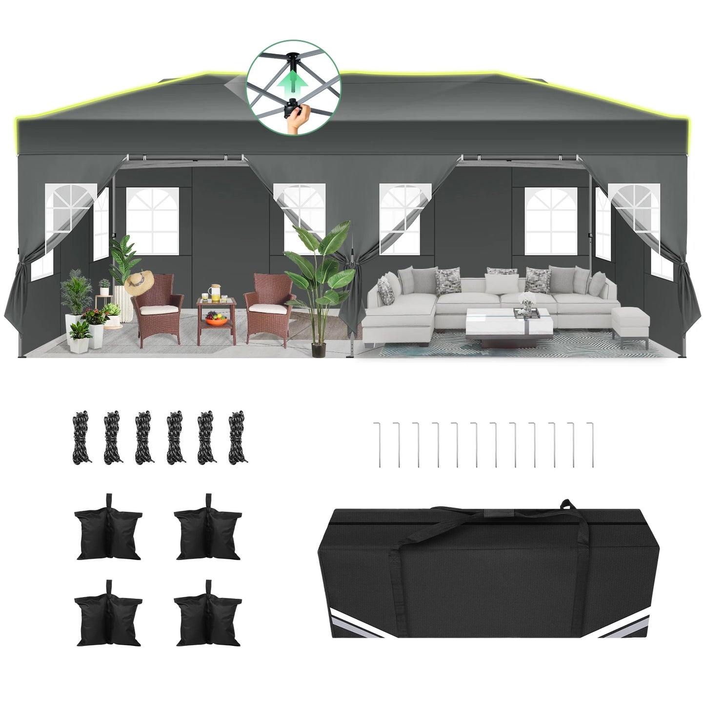 3x6 Pop-Up Waterproof Party Tent with 6 Sidewalls Features reflective stripes and ventilation openings, ideal for weddings, garden events, and outdoor gatherings. Easy to set up and durable.