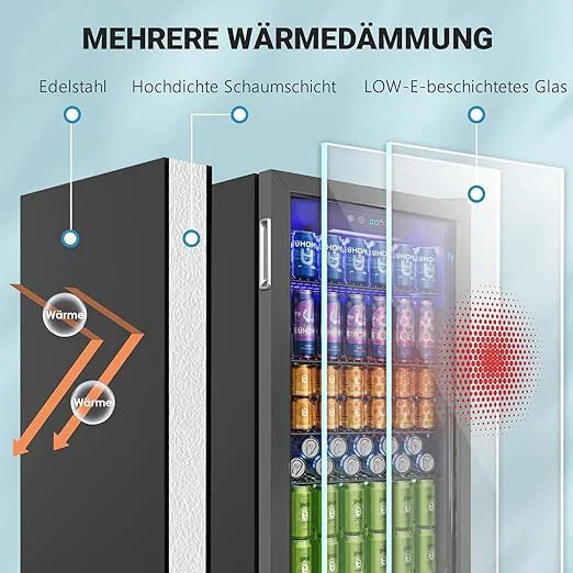 Drinks refrigerator with glass door for 126 cans, adjustable shelves for beer/wine, home/bar/office, silver stainless steel