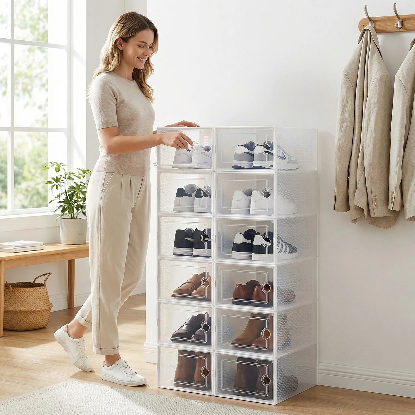Shoe Boxes, Pack of 6/12, Stackable Shoe Organiser, Shoe Storage, Shoe Box with Lid for Shoes up to Size 45, White