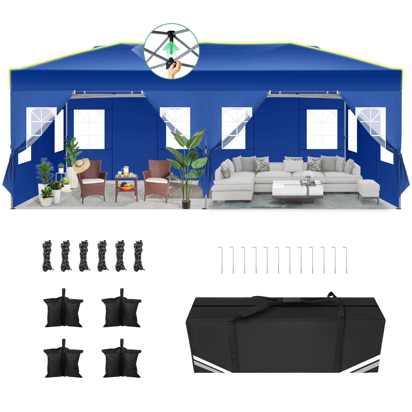 3x6 Pop-Up Waterproof Party Tent with 6 Sidewalls Features reflective stripes and ventilation openings, ideal for weddings, garden events, and outdoor gatherings. Easy to set up and durable.