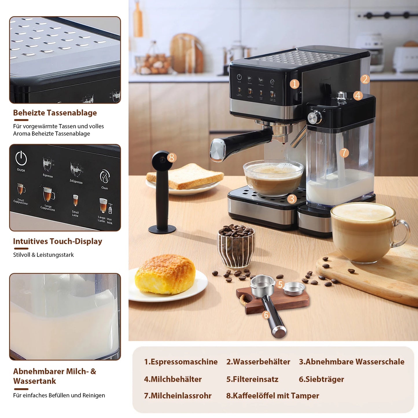 1350W Espresso coffee maker 20 Bar Semi-Automatic Screenbar Machine with Detachable Milk Tank & Water Tank Black