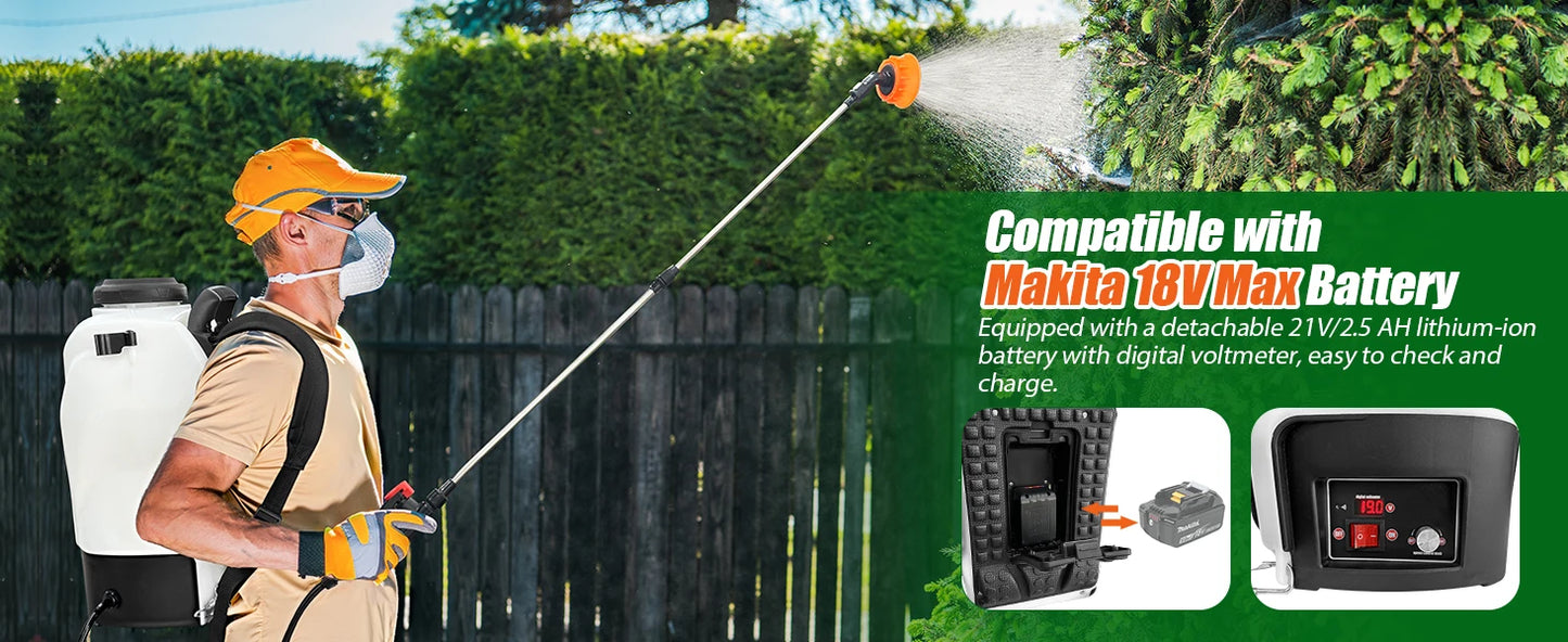 4-Gallon Battery-Powered Backpack Sprayer 16L capacity, 75 PSI electric pump. Includes 2.5Ah battery + charger. Lightweight, powerful for gardens, lawns, weeds, or pest control.